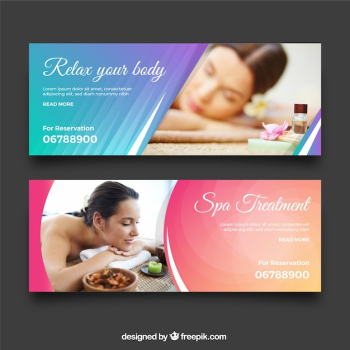 Set of spa center banners with woman relaxed Set of spa center banners with woman relaxed
