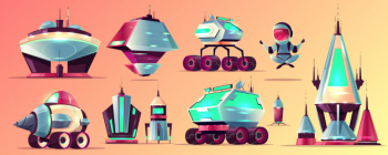 Set of space exploration rockets and vehicles, science fiction alien buildings cartoon