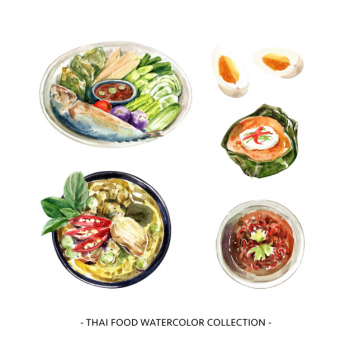 Set of thai food collection design isolated watercolor illustration . Free Vector