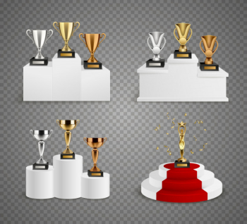 Set of trophies including cups and figurine on pedestals Free Vector