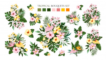 Set of tropical exotic flowers bouquets with frangipani hibiscus calla green monstera palm leaves. floral branch arrangements wedding invitation save the date Free Vector