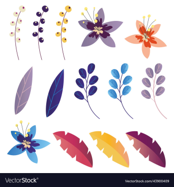 set of tropical leaves and flowers isolated set of tropical leaves and flowers isolated