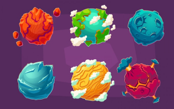 Set of vector cartoon illustrations fantasy alien planets