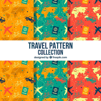 Set of vintage patterns with travel elements in flat design 