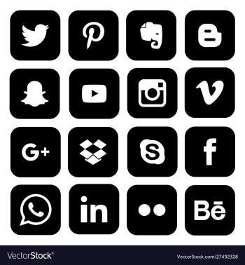 Set popular social media black white icons vector image Set popular social media black white icons vector image
