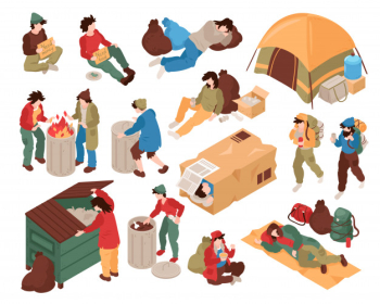 Set with isolated images of homeless people human characters and various related objects Free Vector