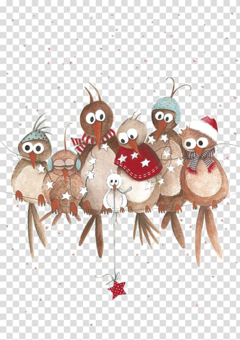 Seven brown and white birds animated illustration, Christmas Illustration, Watercolor bird transparent background PNG clipart