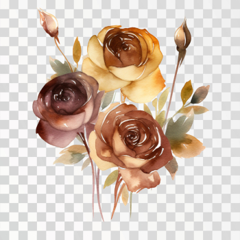 Several roses with deep brown gradient watercolor PNG transparent background