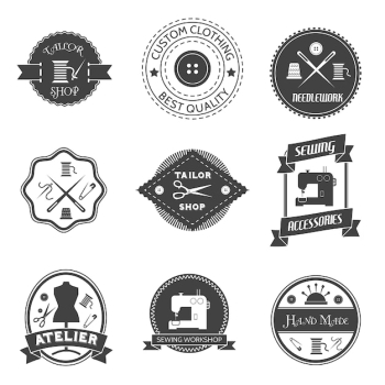 Sewing equipment atelier tailor shop label set isolated vector illustration