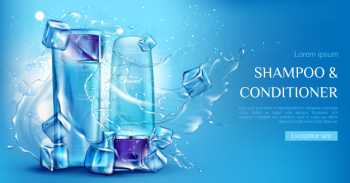 Shampoo and conditioner cosmetic bottles mockup with ice cubes and water splashes on blue Free Vector