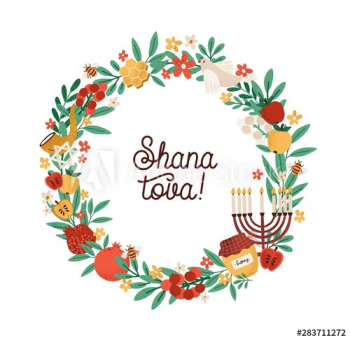 Shana Tova phrase inside round frame or wreath made of leaves, shofar horn, menorah, honey, berries, apples, pomegranates