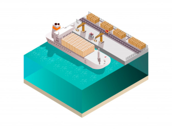 Shipyard composition with isometric image of marine cargo terminal crane towers loading containers onto cargo ship vector illustration Free Vector