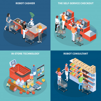 Shop technology 2x2 design concept with robot consultant robot cashier self service checkout square icons isometric Free Vector