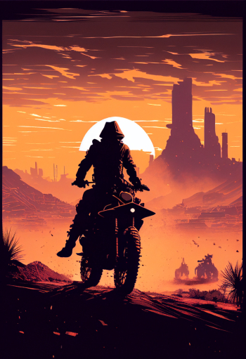 Silhouette of a lone rider on a prototype motorcycle riding into town Silhouette of a lone rider on a prototype motorcycle riding into town