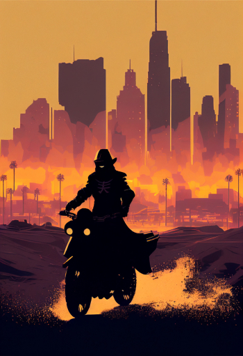 Silhouette of a lone rider on a prototype motorcycle riding into town Silhouette of a lone rider on a prototype motorcycle riding into town