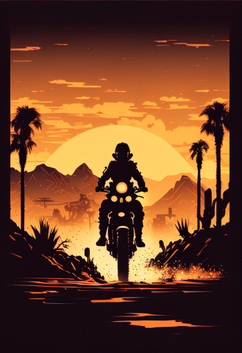 Silhouette of a lone rider on a prototype motorcycle riding into town Silhouette of a lone rider on a prototype motorcycle riding into town