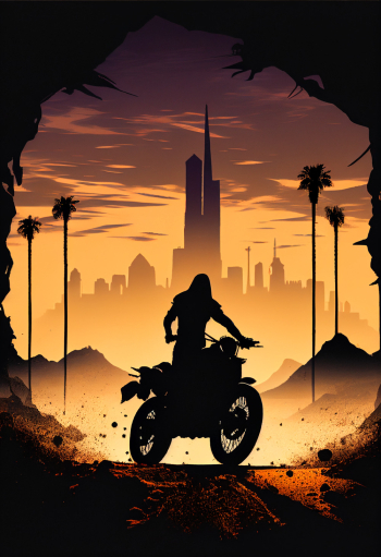 Silhouette of a lone rider on a prototype motorcycle riding into town Silhouette of a lone rider on a prototype motorcycle riding into town