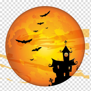 Silhouette of castle and bat flying illustration, Halloween Costume party Trick-or-treating Holiday, Halloween full moon transparent background PNG clipart