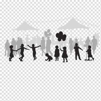 Silhouette of people with canopies and buntings , Silhouette Drawing Cartoon Illustration, The amusement park is crowded with people transparent background PNG clipart