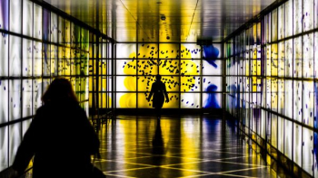 silhouette photography of person walking in room
