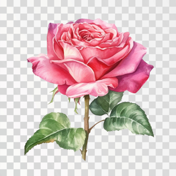 Single Pink rose in watercolor PNG transparent background