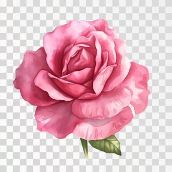 Single Pink rose in watercolor, png transparent background