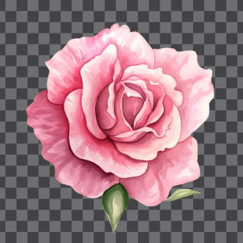 Single Pink rose in watercolor, png transparent background