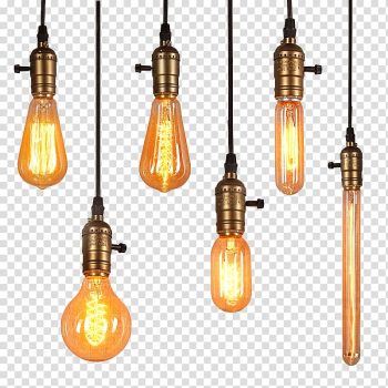 Six pendant lamps illustration, Lighting Edison light bulb transparent background PNG clipart