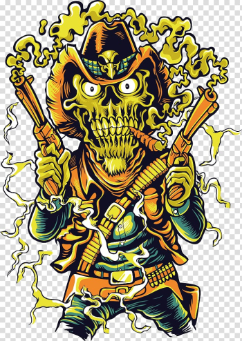 Skeleton with gun illustration, T-shirt Euclidean Cowboy Printmaking Clothing, Skull Cowboy transparent background PNG clipart