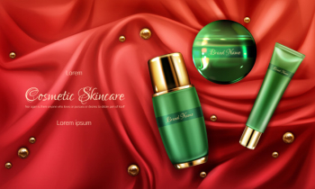 Skincare cosmetics products line 3d realistic vector ad banner Free Vector