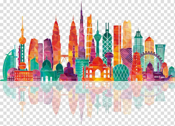 Skyscrapers panoramic , Asia Map Illustration, Colorful city building silhouettes transparent background PNG clipart