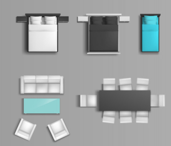 Sleeping bed with various color linens and pillows, soft chairs and dining table Free Vector