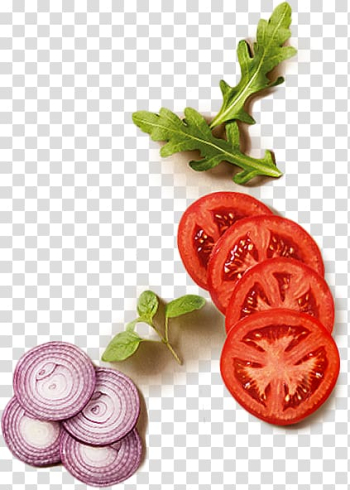Slice of tomatoes, onions, and green leafed vegetables, Hamburger Tomato juice Onion, Tomato onion vegetable flakes transparent background PNG clipart
