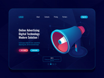 Smart advertising online concept, loudspeaker megaphone isometric icon, promotion social media dark