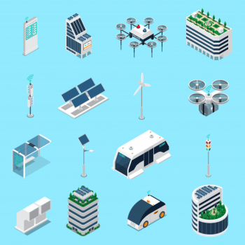 Smart city isometric icons set with transport and solar power symbols isolated illustration Free Vector