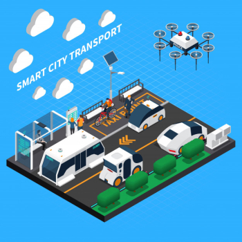Smart city isometric illustration with transport and taxi point symbols Free Vector