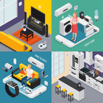 Smart home concept 4 isometric compositions with kitchen bathroom tv iot smartphone smartwatch controlled devices  illustration Free Vector