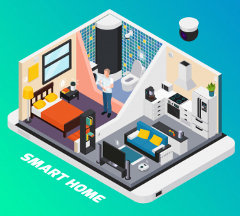 Smart home interior isometric design with light system stove tv controlled with wearable mobile devices  illustration Free Vector