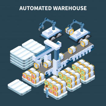 Smart industry intelligent manufacturing isometric composition with images of automated arm manipulators conveyor and storage cans Free Vector