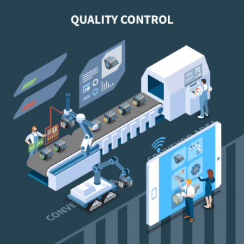 Smart industry intelligent manufacturing isometric composition with text and automatic assembly line operated remotely from tablet Free Vector