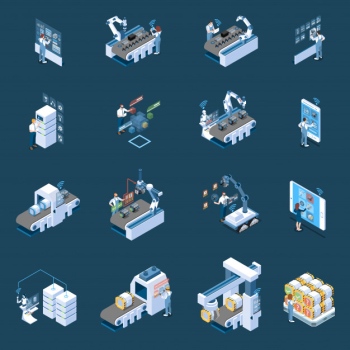 Smart industry with robotized manufacturing remote control and  production data center isometric icons isolated Free Vector