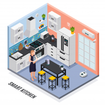 Smart kitchen interior iot devices controlled with touch screen isometric composition with multi cooker fridge  illustration Free Vector