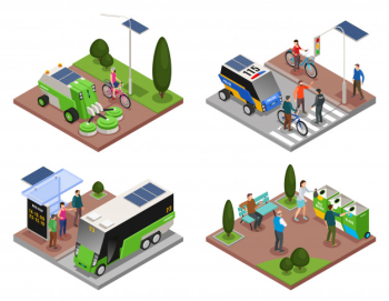 Smart urban ecology isometric 4x1 set of four compositions with electric vehicles refuse bins and people Free Vector