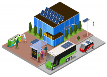 Smart urban ecology isometric composition with building solar batteries and refuse bins with electric omnibus stop Free Vector