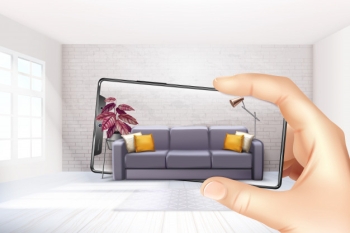 Smartphone augmented virtual reality interior application apps choosing sofa experience for touch screen realistic composition Free Vector
