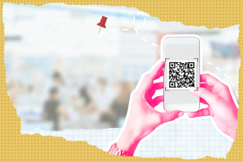 Smartphone scanning QR code mixed media collage Smartphone scanning QR code mixed media collage