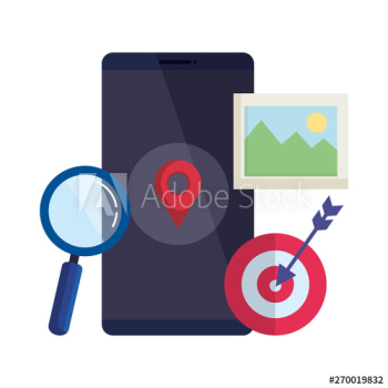 smartphone with magnifying glass and pin location smartphone with magnifying glass and pin location