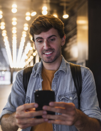 Smiley man holding and looking at mobile Free Photo