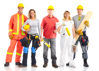 Smiling builder people. Isolated over white background