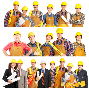 Smiling builder people. Isolated over white background